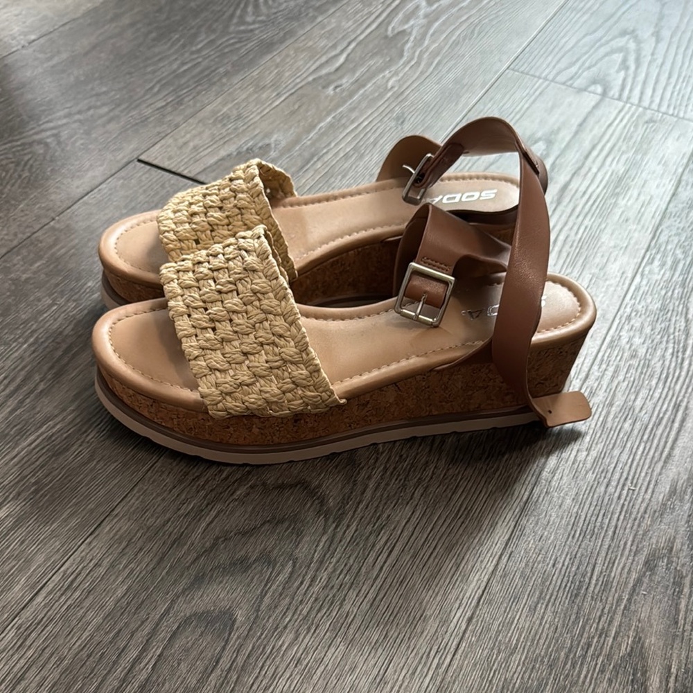 Soda Tan and Cream Wedge Shoes with Braided Design